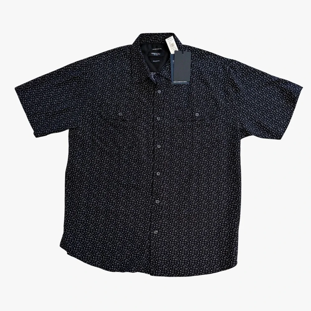 Kenneth Cole New York Mens 2X Tech Stretch Short Sleeve Floral Shirt Black NEW